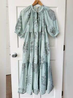 MATTA NY Katia Trees Midi Dress Aqua Water Stripe Cotton Cottagecore Size S